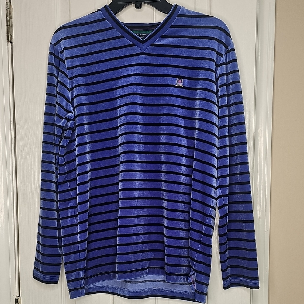 Vintage Tommy Hilfiger Purple & Black Striped V-Neck Velour Shirt